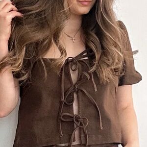 Brown Lace-Up Short Sleeve Top - Unbranded